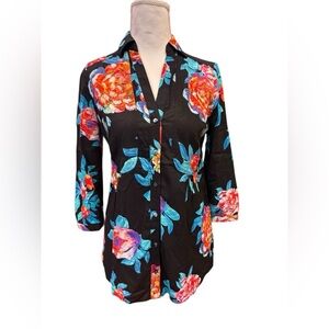 Anthropologie Maeve Floral Button-Up Blouse Size 0 Black Multicolor Rayon Top